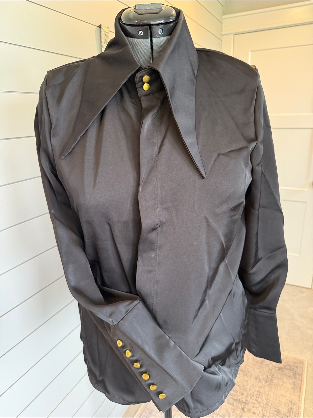Black Satin Button-Front Blouse Jacket with Gold Buttons